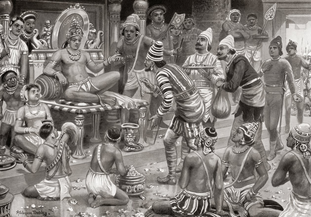 Pulakeshin II, o Chalukaya, recebendo enviados da Pérsia em Badami, da Hutchinsons História das Nações, pub.1915 de after Robert Dudley