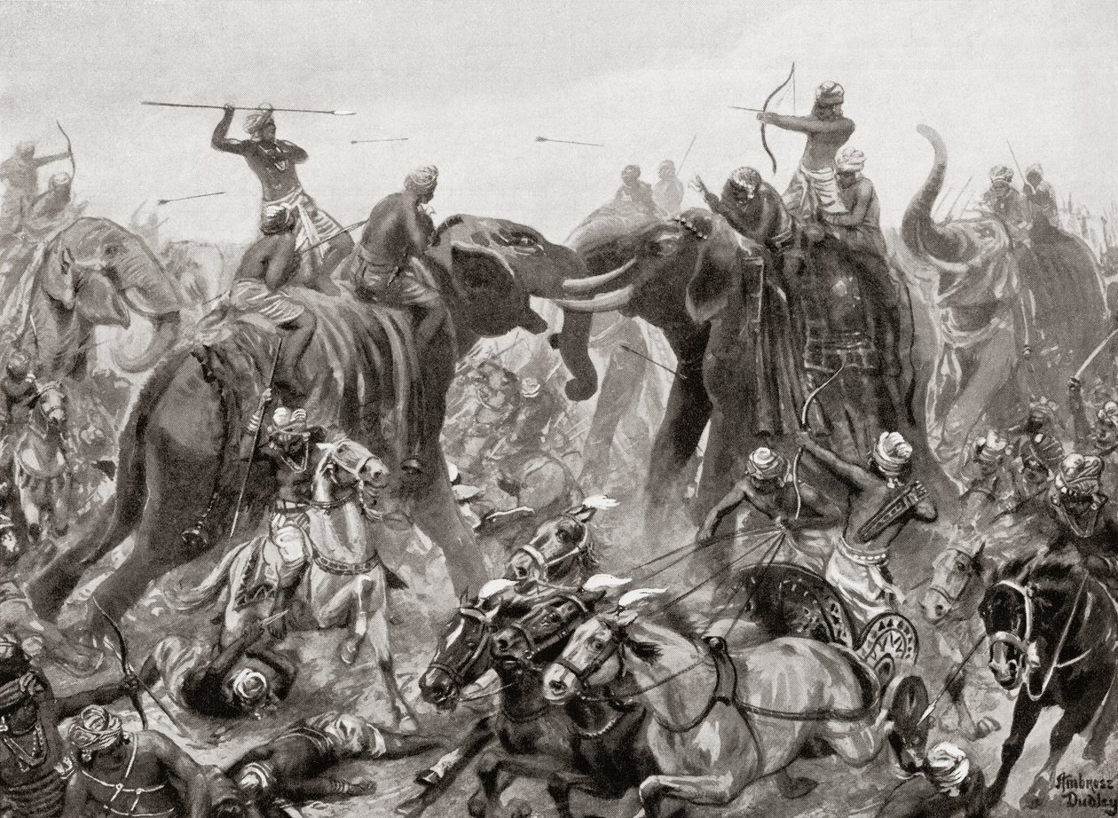 A derrota de Pulakeshin Chalukhya por Narasimhavarman I em Badami em 642 dC, de Hutchinsons História das Nações, pub.1915 de after Robert Dudley