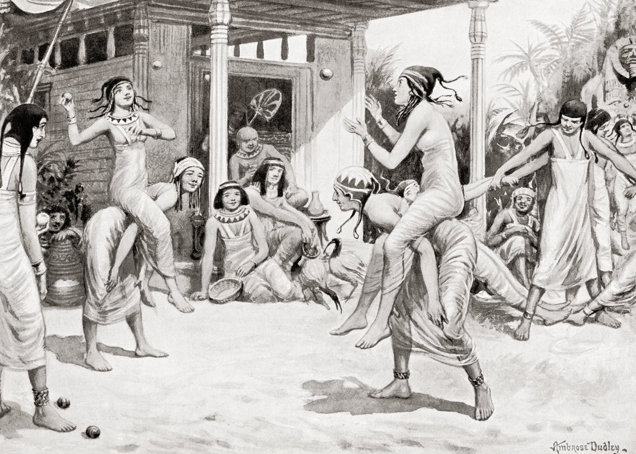 Moças jogando bola sob a forma de uma dança no antigo Egito, de Hutchinsons História das Nações, pub.1915 de after Robert Dudley
