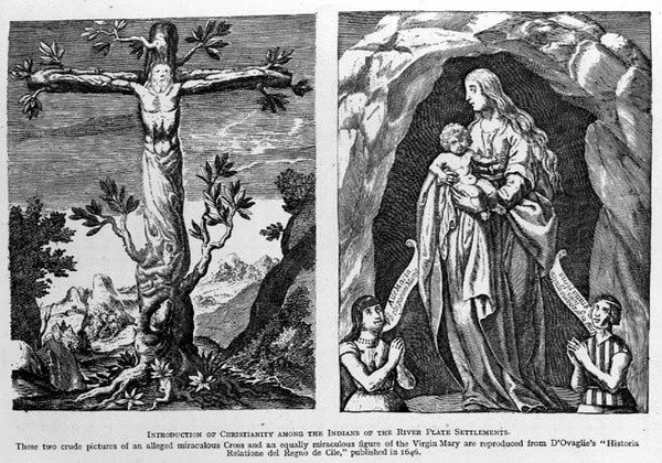 Introdução do cristianismo entre os índios do River Plate Settlements, reproduzido de dOvadlies Historia Relatione del Regno de Cile, pub. em 1646, de O Romance do Rio da Prata, vol. Eu de Spanish School