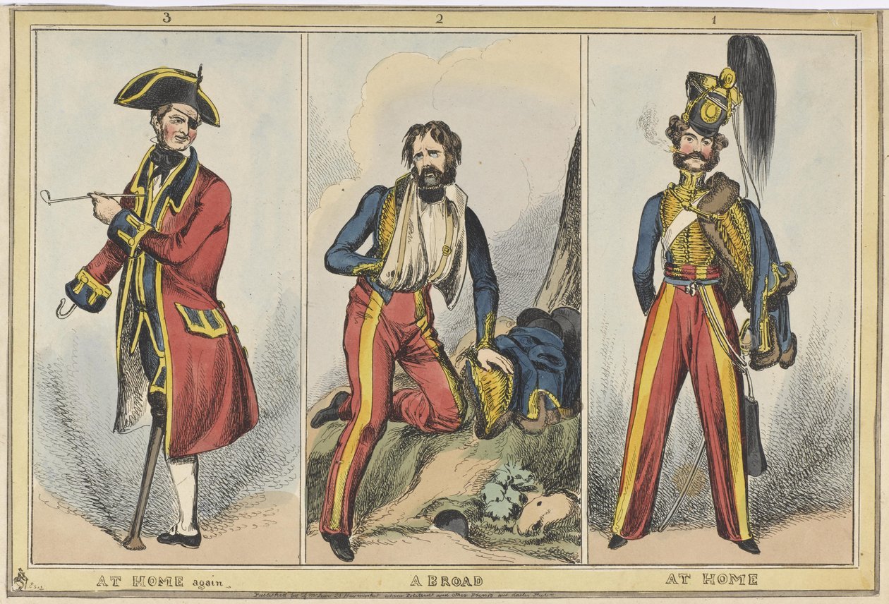 &39;1. Em casa 2. No exterior 3. Em casa novamente &39;, c.1830 (gravura colorida) de after William Heath