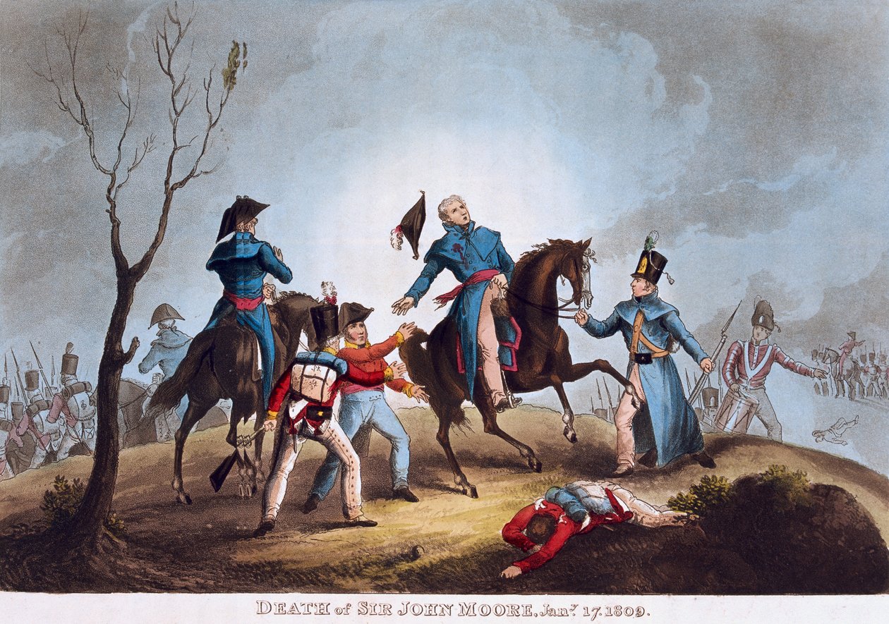 Morte de Sir John Moore, 17 de janeiro de 1809 (aquatinta colorida) de after William Heath