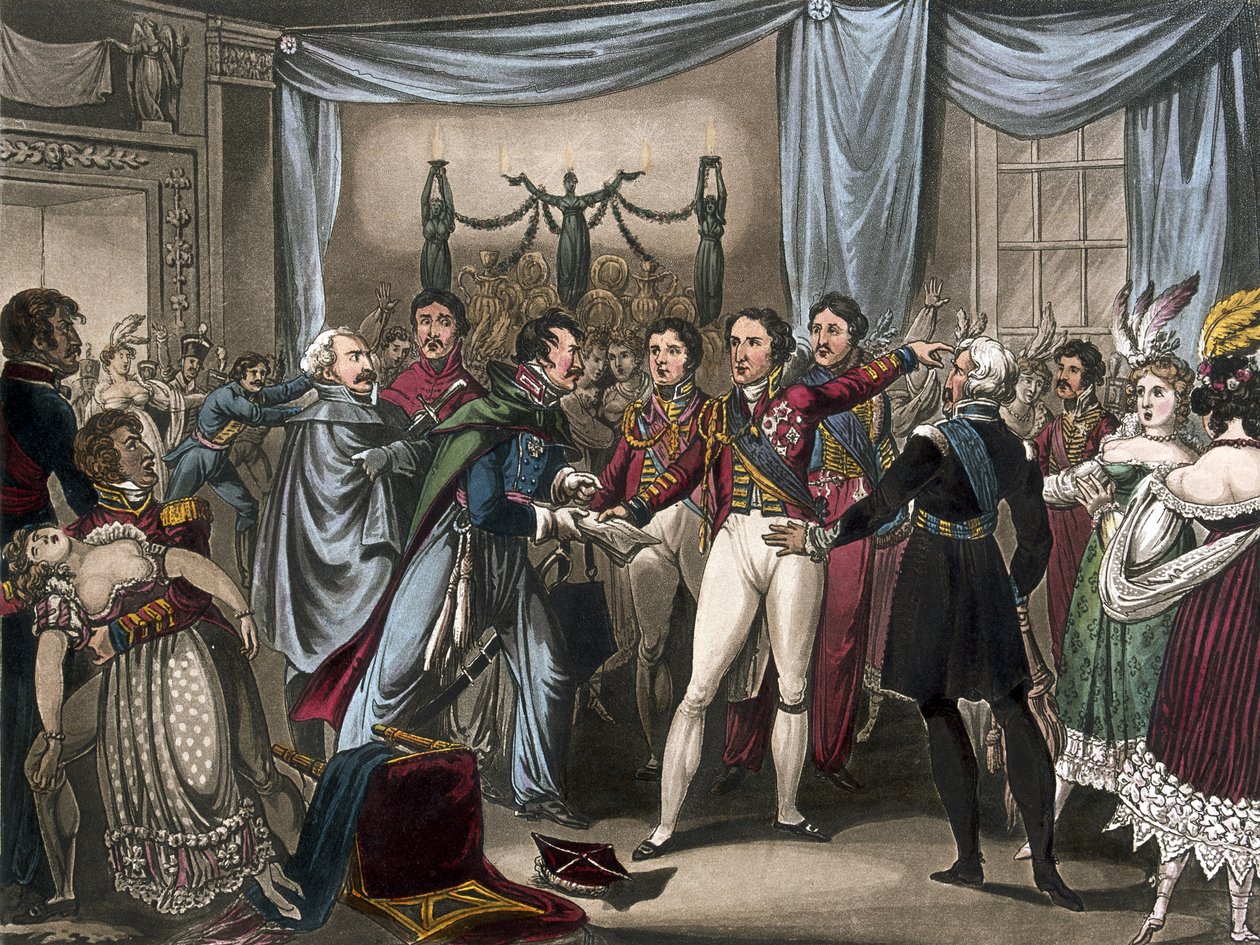 Inteligência da Batalha de Ligny, 1818 (aquatinta colorida) de after William Heath
