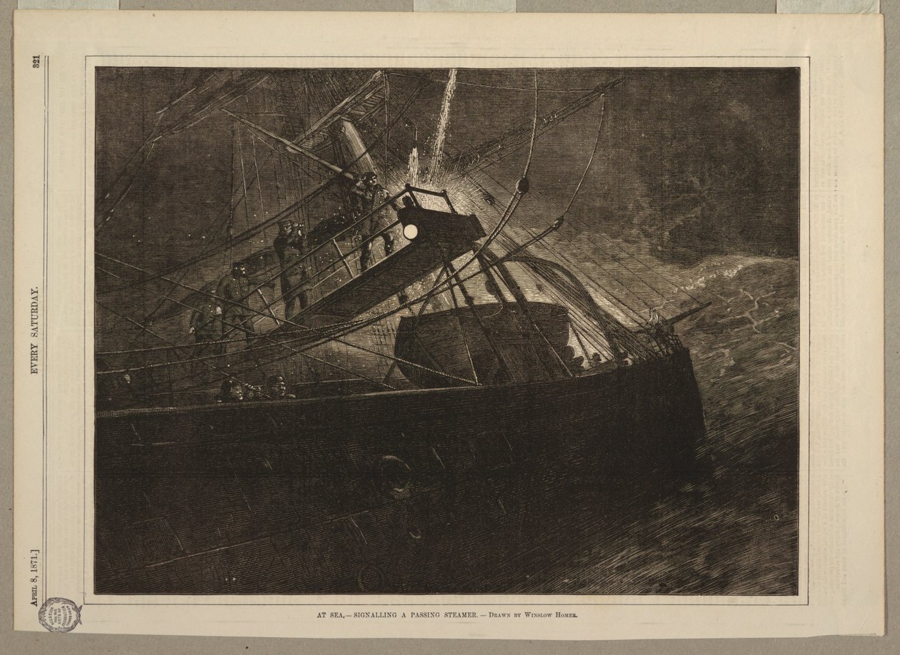 No mar, - sinalizando um navio a vapor que passa de Winslow Homer