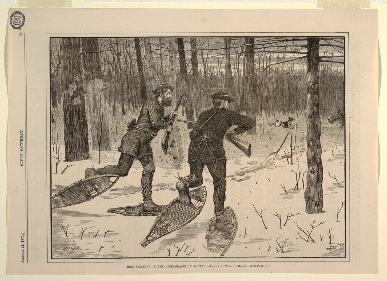 Deer-Stalking nas Adirondacks no inverno, de todos os sábados, 21 de janeiro de 1871, p. 57 de after Winslow Homer