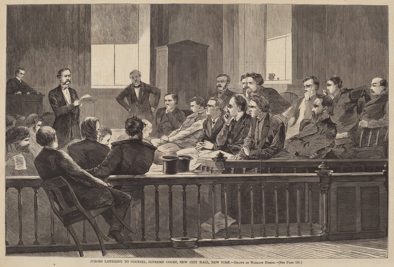 Jurados Ouvindo o Advogado, Suprema Corte, New City Hall, Nova York de after Winslow Homer