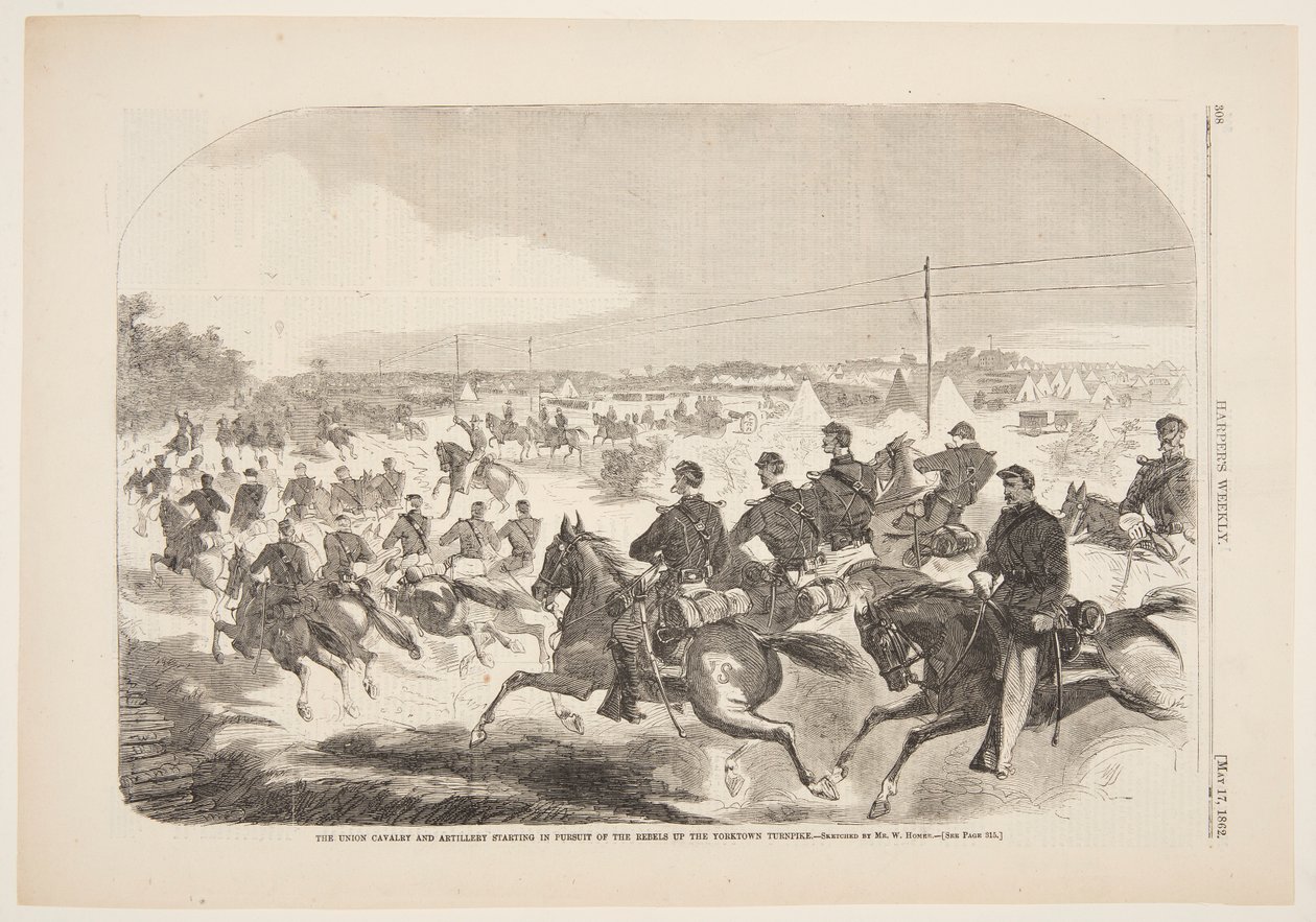 A cavalaria e artilharia da União começando em perseguição dos rebeldes até o Yorktown Turnpike de Winslow Homer