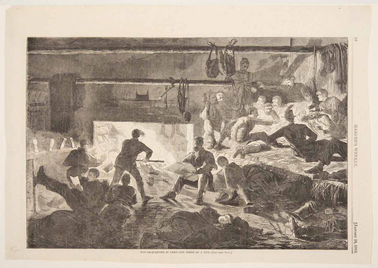 Winter-Quarters in Camp – O interior de uma cabana de Winslow Homer