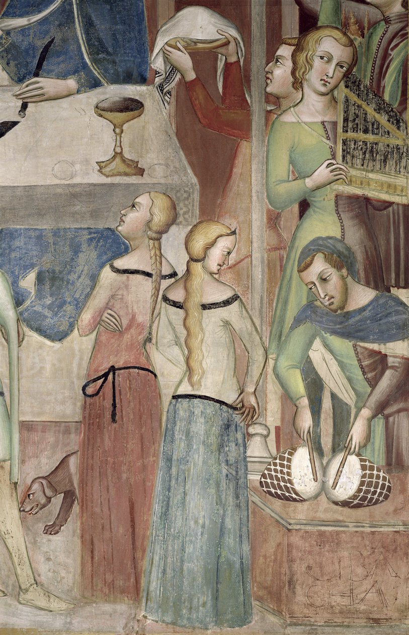 Satanás Pedindo a Deus para Tentar Jó, detalhe de músicos, 1356-67 de also Manfredi de Battilori Bartolo di Fredi