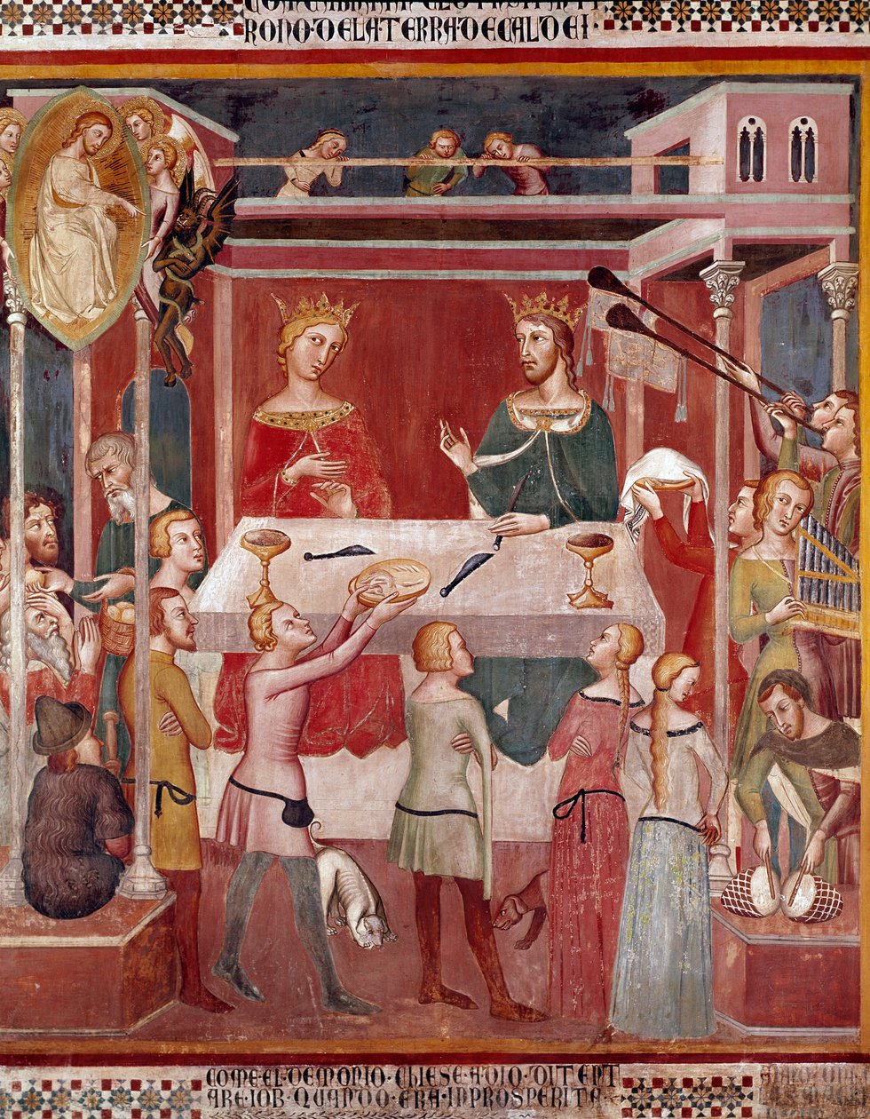 Como o Demônio pediu a Deus para experimentar Jó na época de seu próspero Fresco por Bartolo di Fredi (ou Manfredi De Battilori) (1330-1410) Collegiale de San Gimignano Itália de also Manfredi de Battilori Bartolo di Fredi