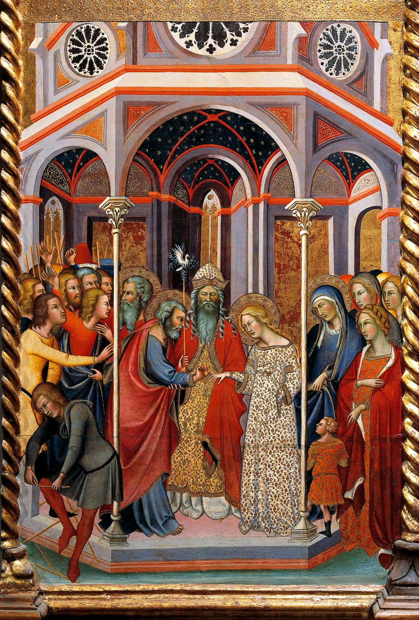 Casamento de Virgem, detalhe de Altarpiece mostrando Histórias de Virgem de Bartolo di Fredi (1330-1410) de also Manfredi de Battilori Bartolo di Fredi