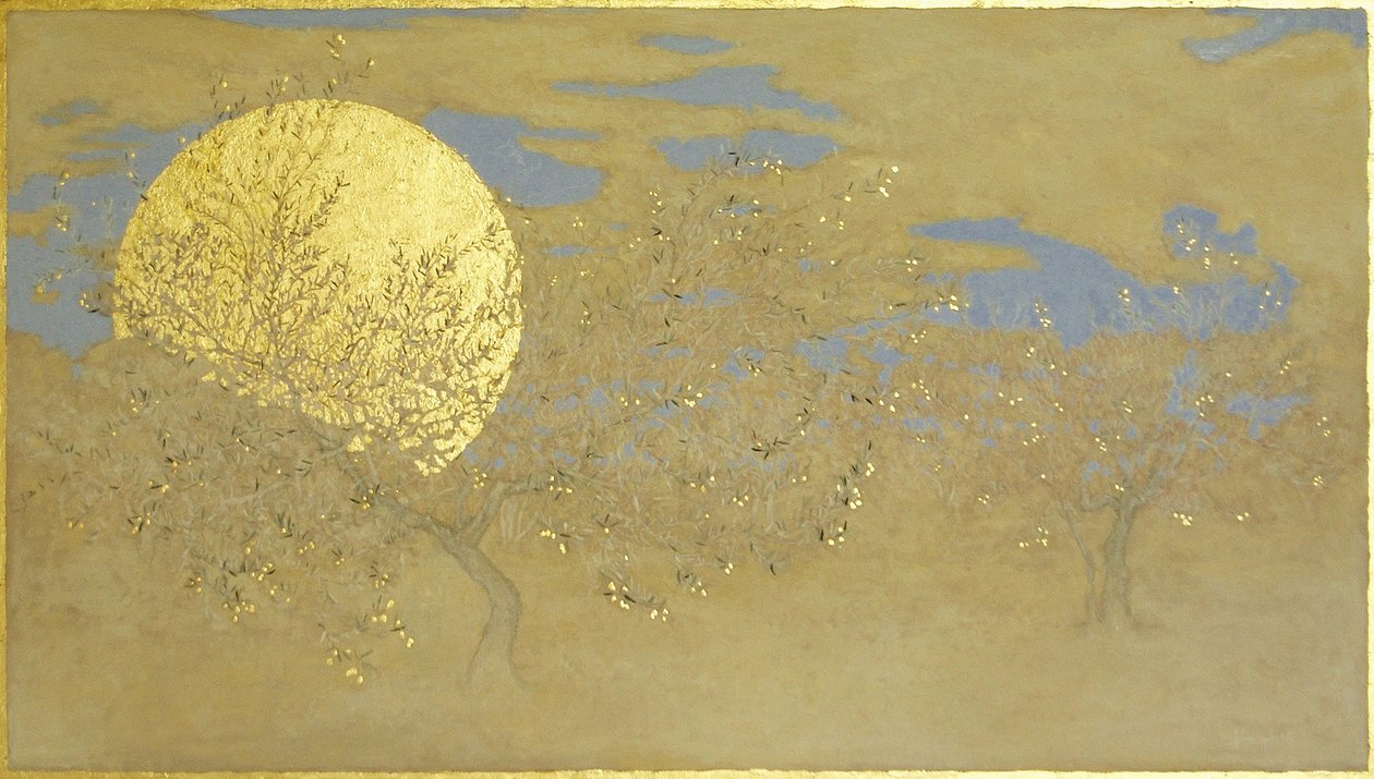 Felicidade, 2014, óleo e folha de ouro no painel de angus hampel