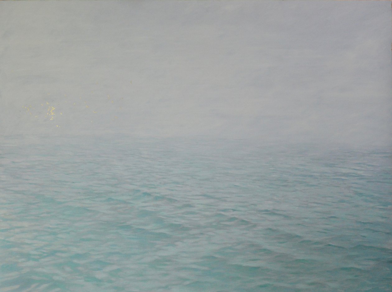 Sussurros na névoa, 2019, óleo e folha de ouro em painel de angus hampel
