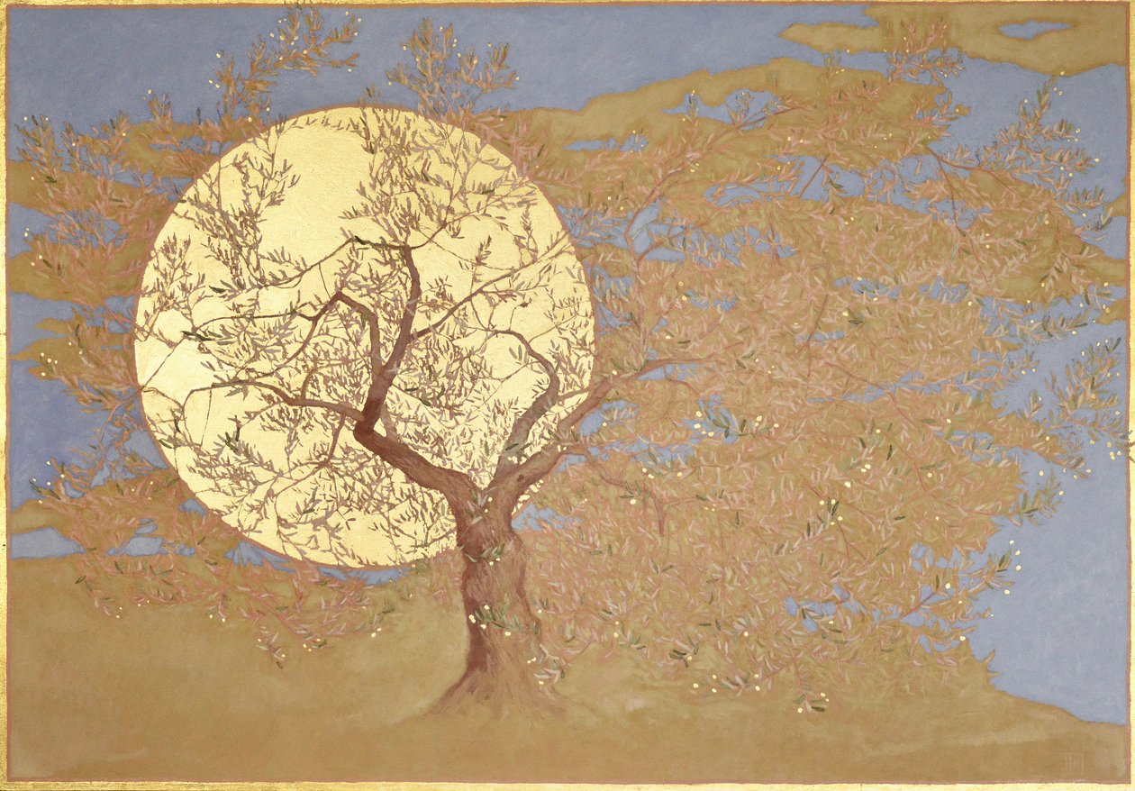 deus velho, 2018, óleo e folha de ouro em painel de angus hampel