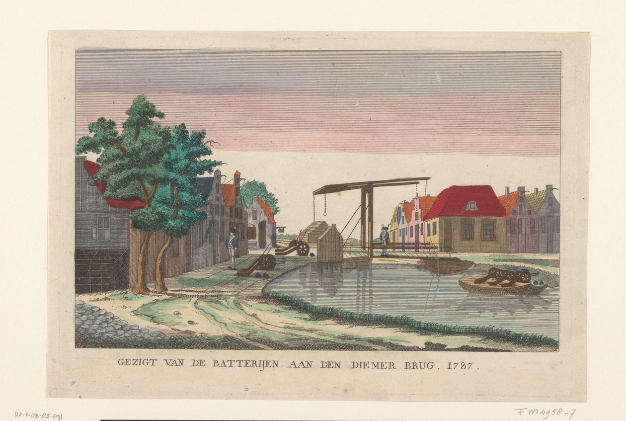 Bateria na ponte Diemer, 1787
Vista das baterias na ponte Diemer 1787 (título sobre o objecto)
Baterias à volta de Amesterdão em 1787 (cópias em alemão) (título da série) de anonymous (attributed to)
