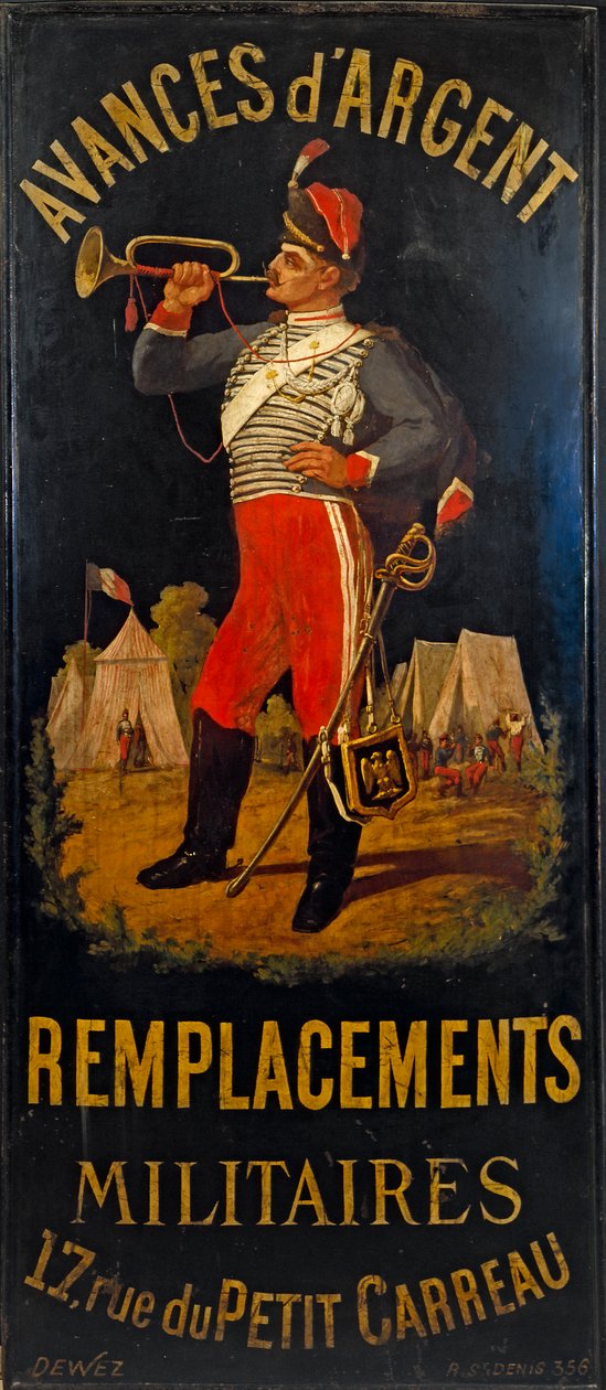 Francês: Au hussard. Placa do gabinete de substituição militar. 17 rue des Petits- Carreaux, 11º arrondissement, Paris de anonymous 