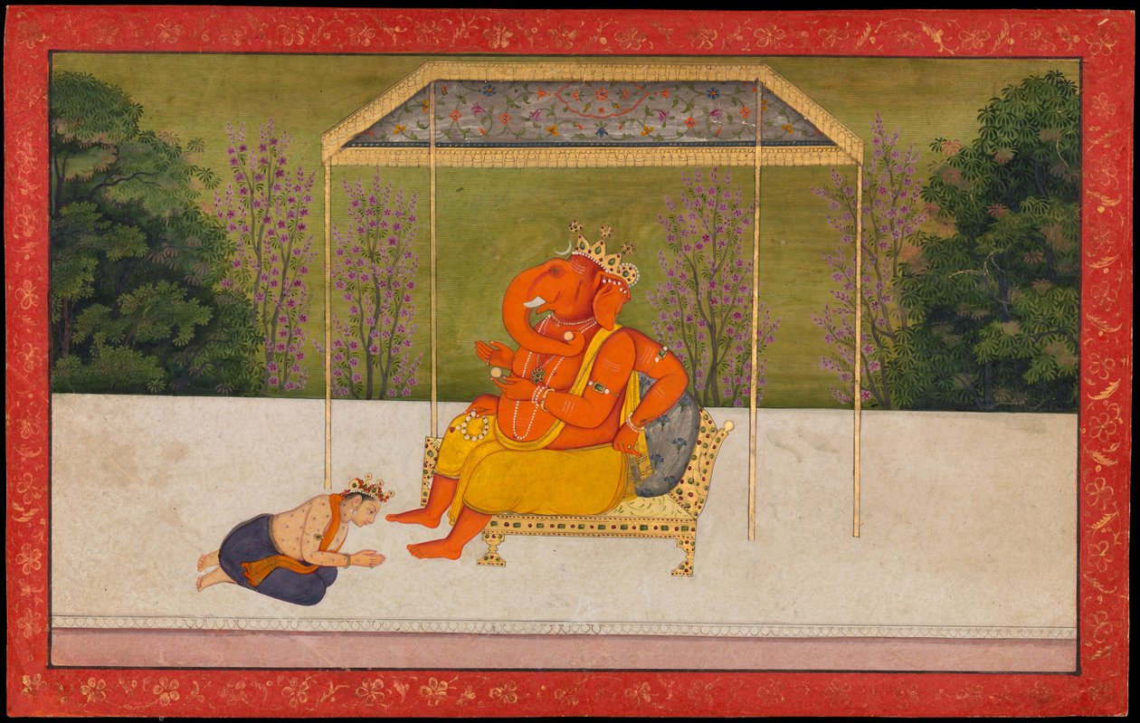"Indra adora o Deus Ganesha com cabeça de elefante, sentado num trono". Fólio da série Tehri Garhwal do Gita Govinda de anonymous 