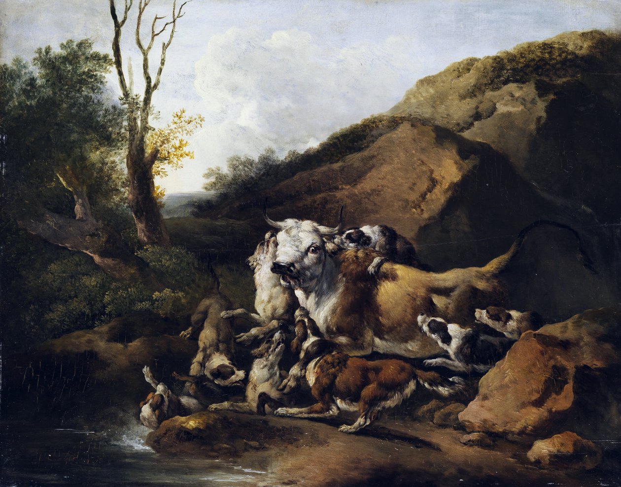 Aurochs na luta contra um cão de caça de attributed to Johann Heinrich Roos