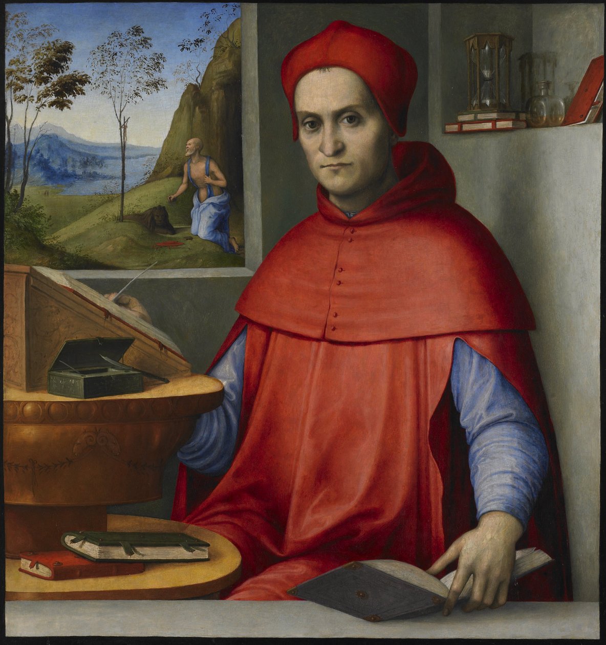 Retrato de um cardeal em seu estudo de attributed to Lorenzo Costa
