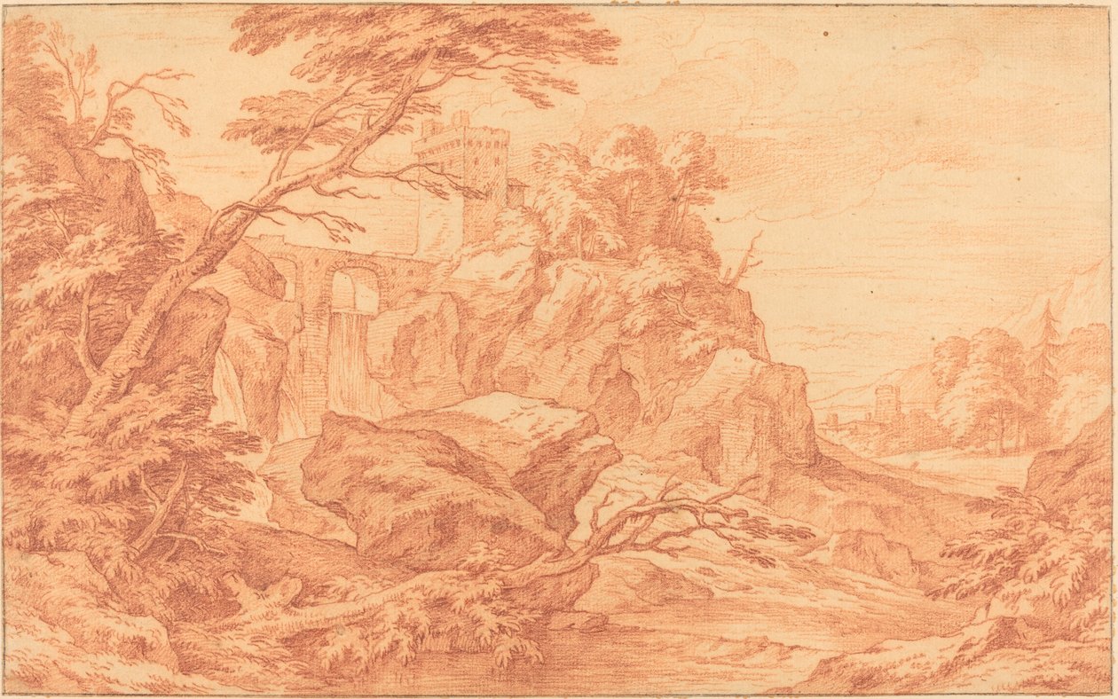 Uma paisagem rochosa com uma torre de pedra e uma cachoeira de attributed to Adriaen Frans Boudewyns