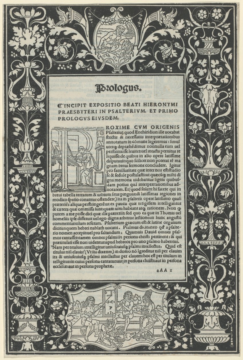 Uma borda de linha branca com dois cartuchos: "Um sátiro sacrificando um carneiro" e "A escolha de Hércules" de attributed to Benedetto Bordon