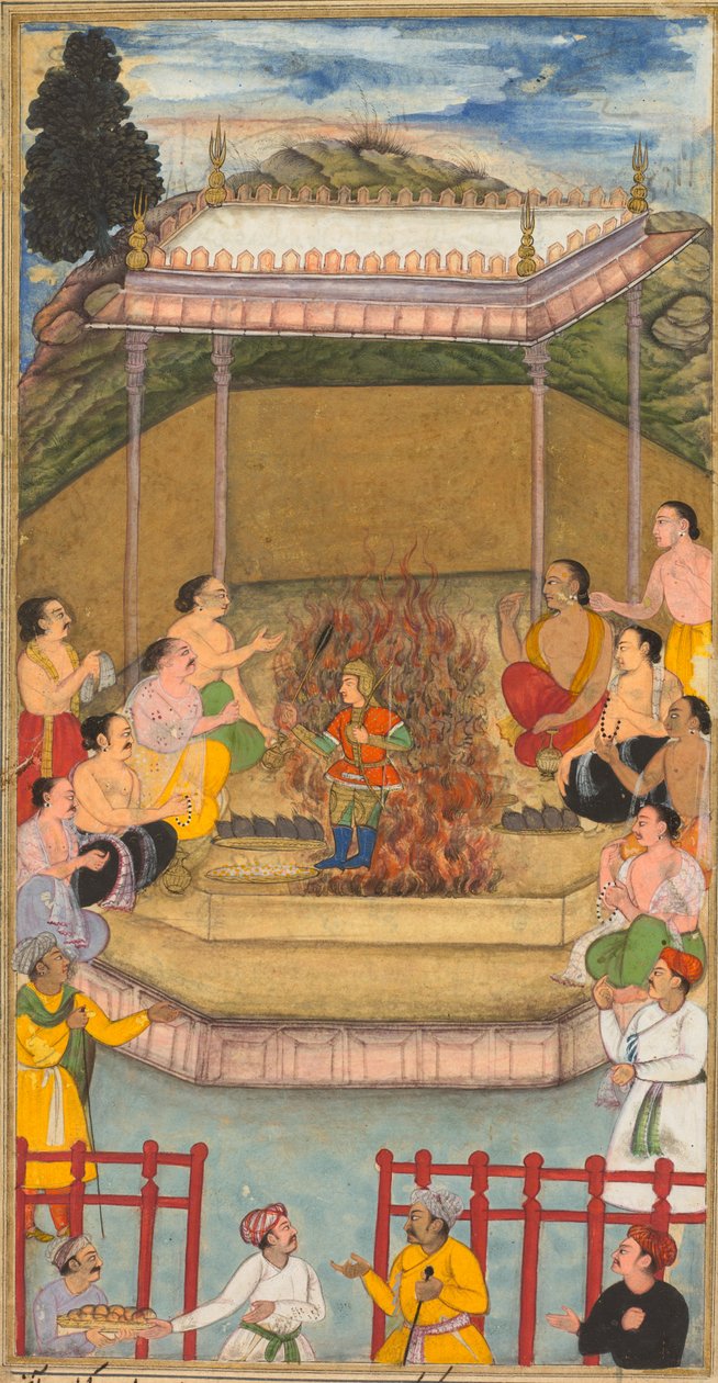 Yaja e Upayaja realizam um sacrifício para o surgimento de Dhrishtadyumna do fogo, de Adi-parva (volume um) do Razm-nama (Livro das Guerras) adaptado e traduzido para o persa por Mir Ghiyath al-Din Ali Qazvini, conhecido como Naqib Khan (persa, m. 1614 de attributed to Bilal Habshi (probably Ethiopian, active late 1500s)