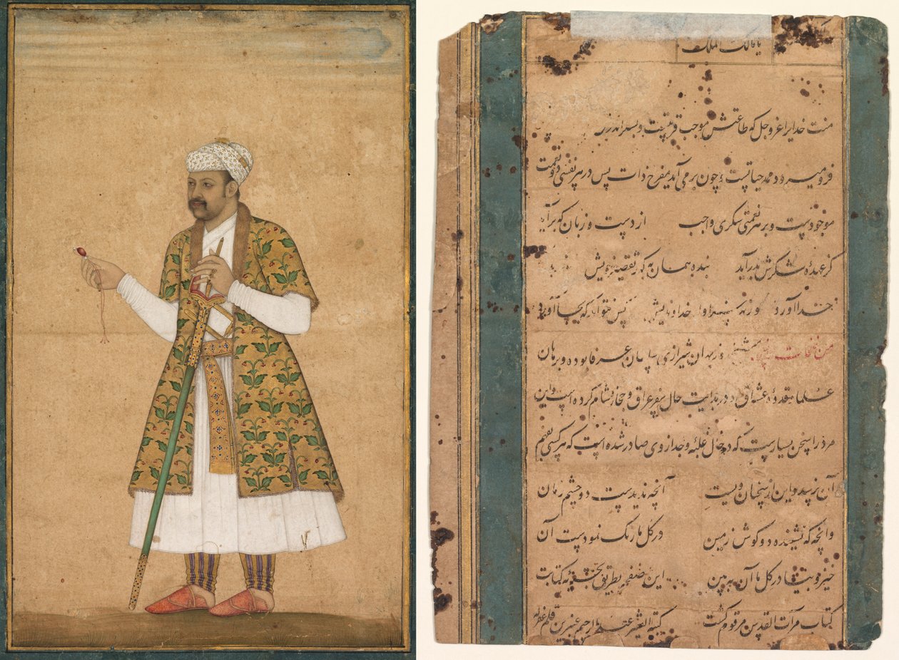 Um cortesão, possivelmente Khan Alam, segurando um espinélio e uma espada Deccan de attributed to Govardhan