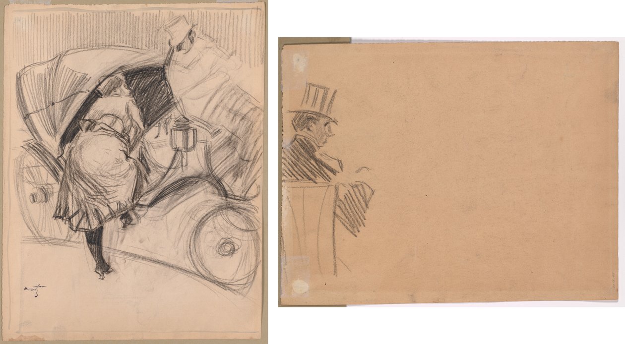 Mulher Entrando em um Fiacre (reto); Perfil direito do homem usando chapéu alto (verso) de attributed to Jean Louis Forain