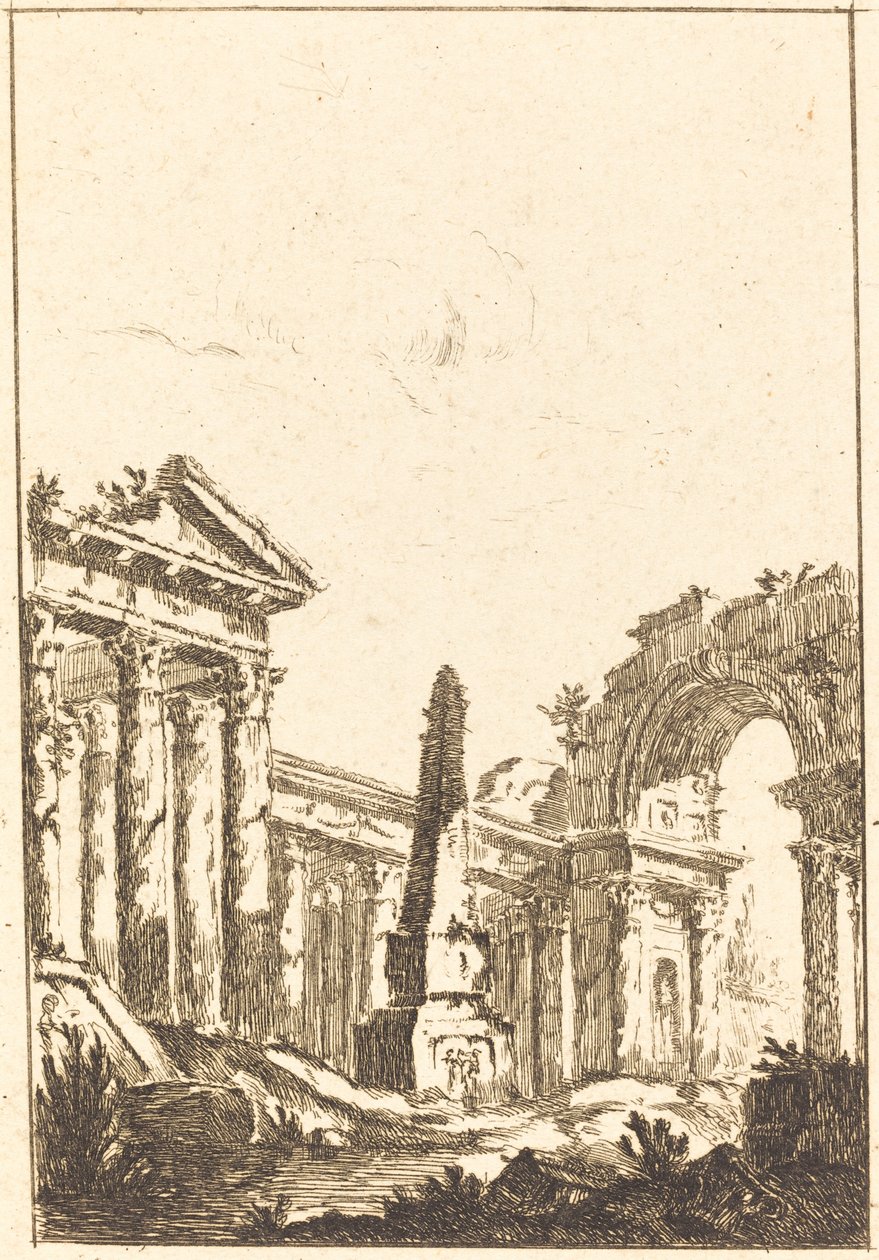 Capriccio com ruínas e um obelisco de attributed to Jérôme Charles Bellicard