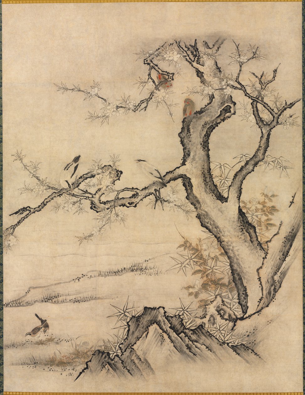 Flores e pássaros em uma paisagem de primavera de attributed to Kano Motonobu