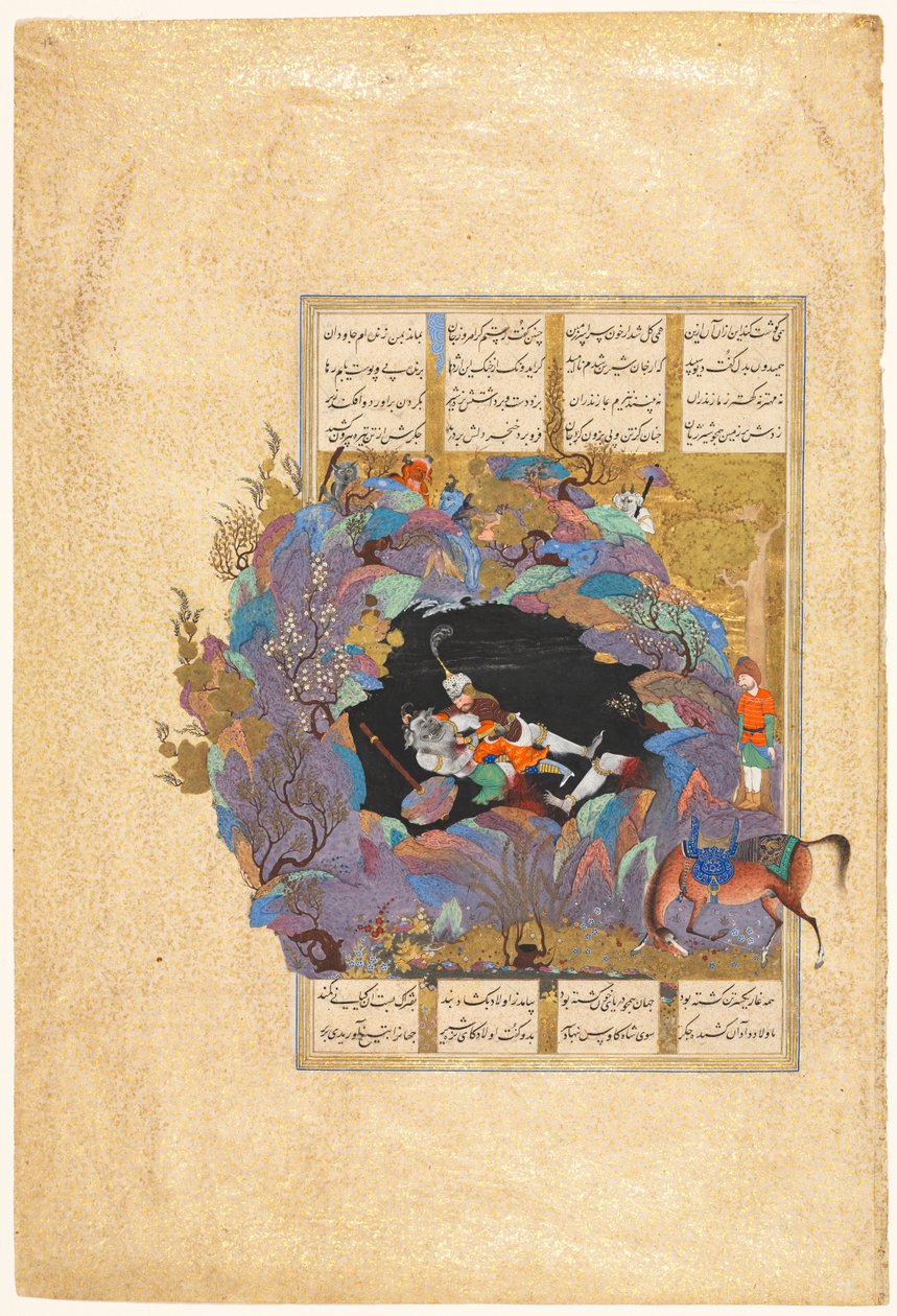 Sétimo curso de Rustam: Ele mata o Div Branco, fólio 124 de um Shah-nama (Livro dos Reis) de Firdausi (persa, cerca de 934-1020) de attributed to Mir Musavvir