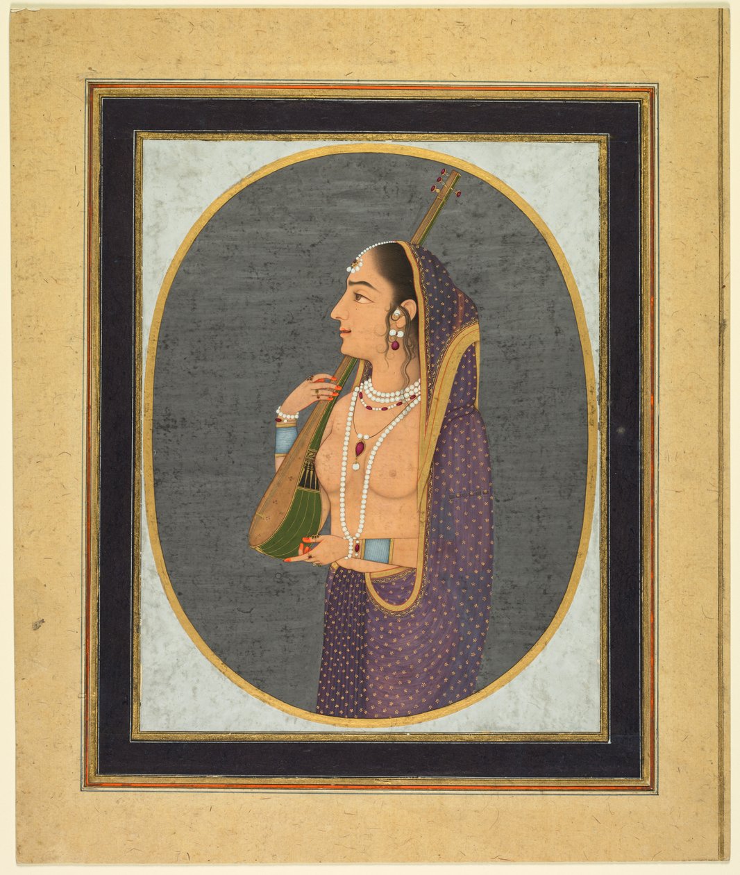 Senhora da corte cantando e tocando vina de attributed to Muhammad Rizavi Hindi