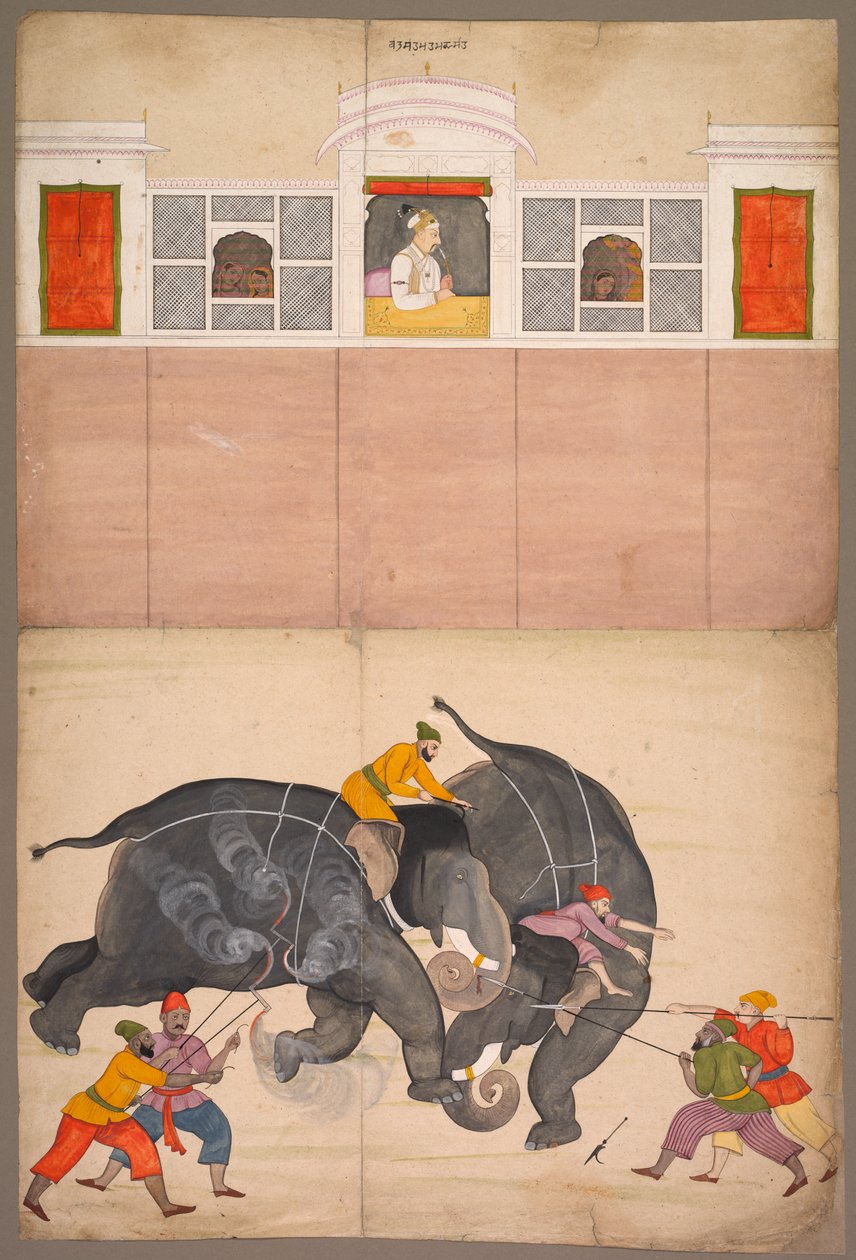 Dois elefantes lutando em um pátio antes de Muhammad Shah de attributed to Nainsukh