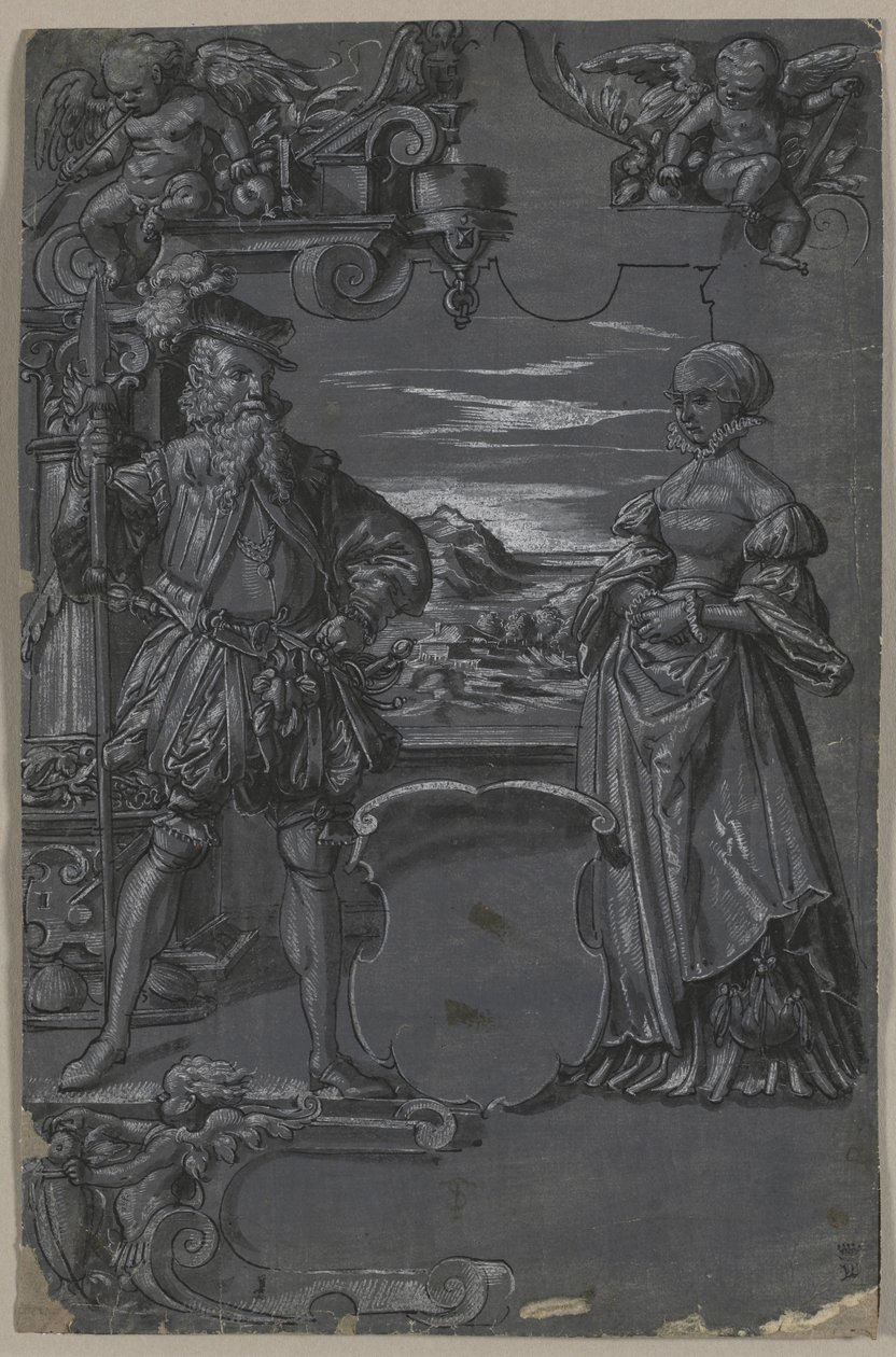 Design para Pintura em Vidro: Homem e Mulher em Ambiente Arquitetônico de attributed to Tobias Stimmer