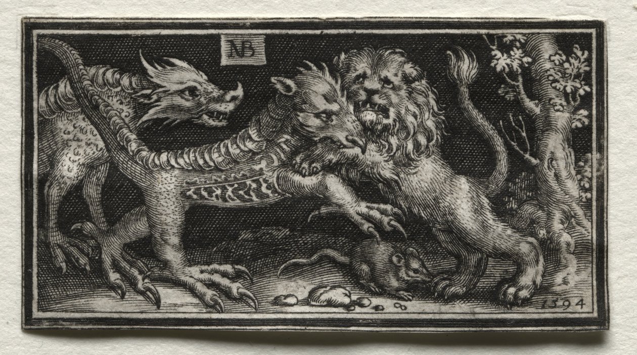 Leão lutando contra duas bestas de attributed to Tobias Stimmer