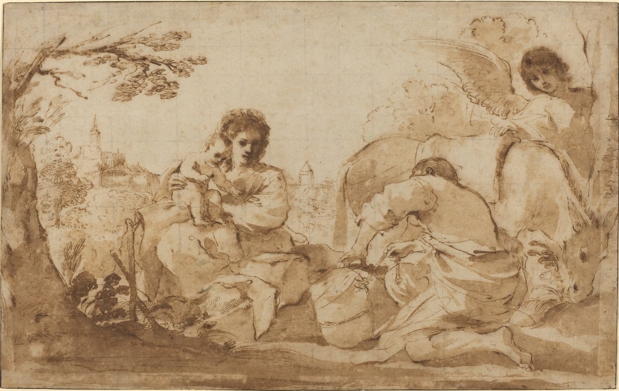 O descanso na fuga para o Egito de called Guercino Giovanni Francesco Barbieri