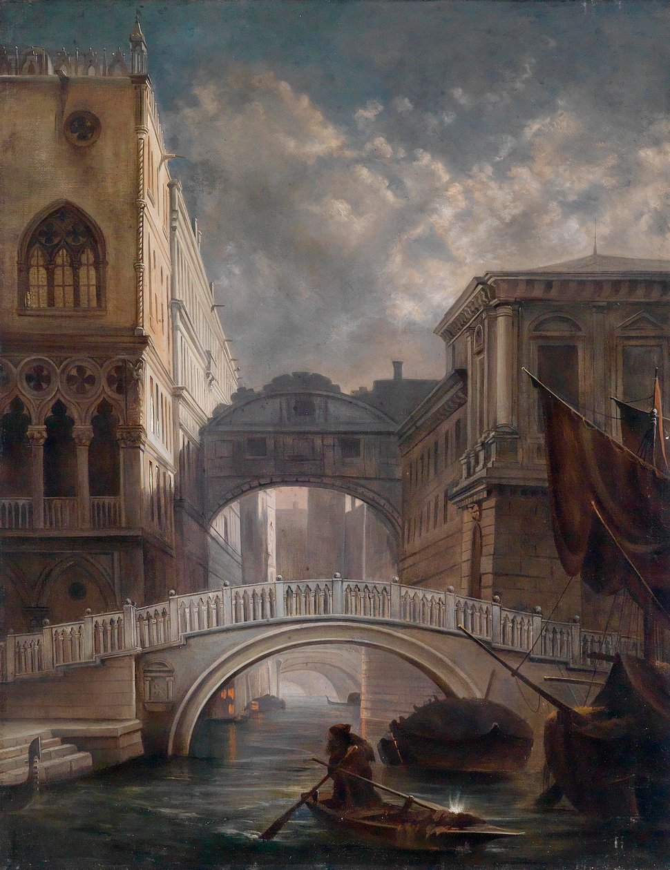 A ponte dos suspiros em Veneza pelo luar de circle of Friedrich Nerly