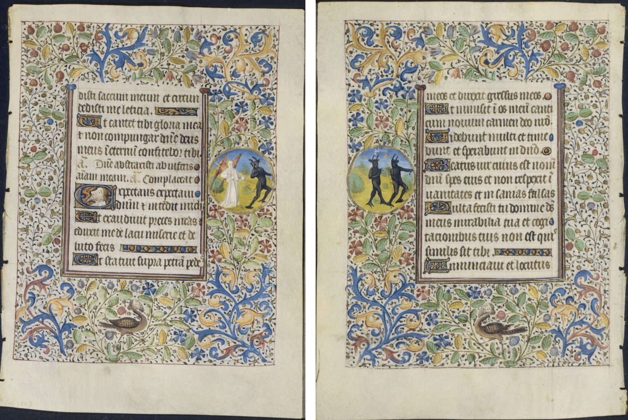 Leaf from a Book of Hours: Angel Chasing a Devil (reto) e Two Devils (verso) de circle of Coëtivy Master