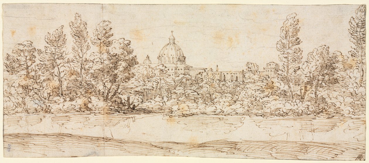 Paisagem fluvial com vista para a Basílica de São Pedro de circle of Giovanni Francesco Grimaldi