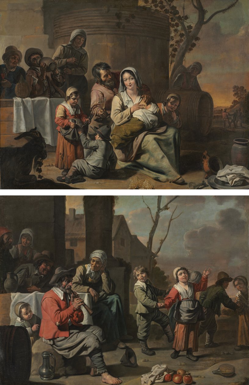 Cena vintage e crianças camponesas dançando (par de pintura) de circle of Le Nain