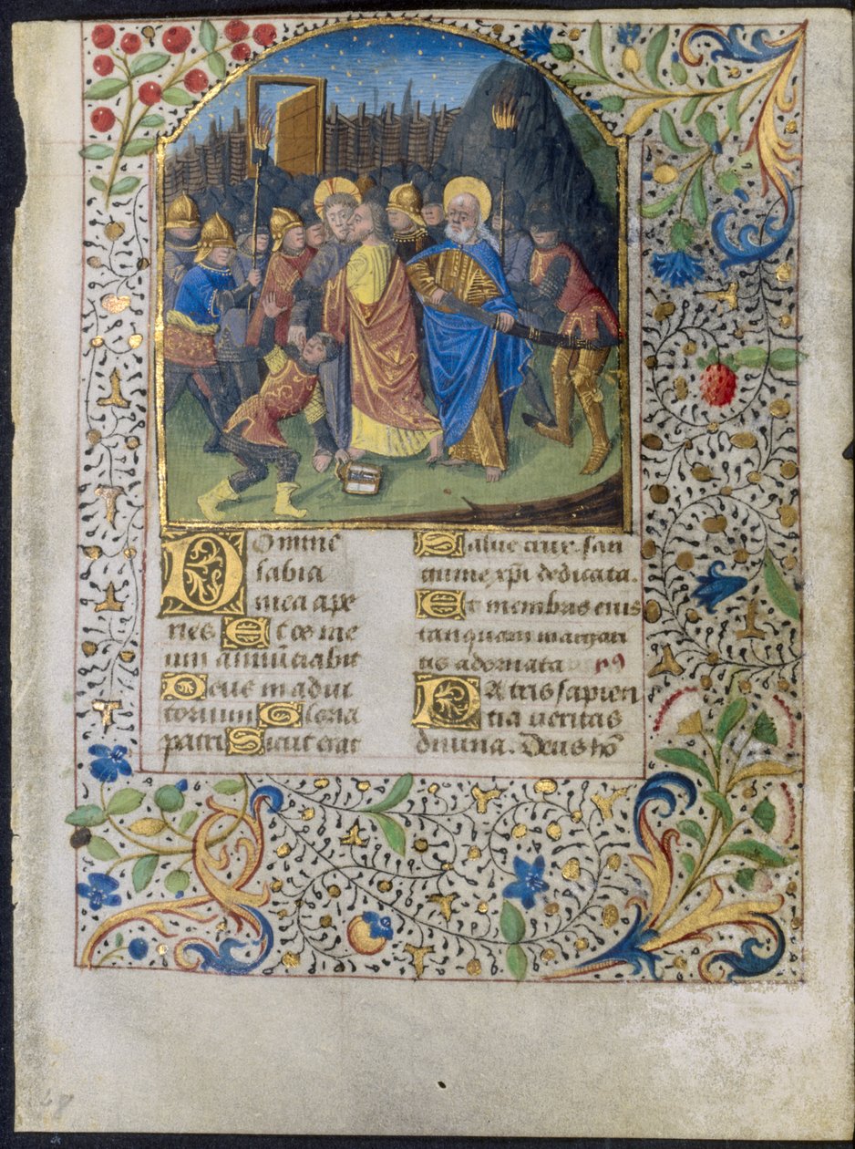 Folha de um Livro de Horas: A Traição de Cristo de circle of Maître François