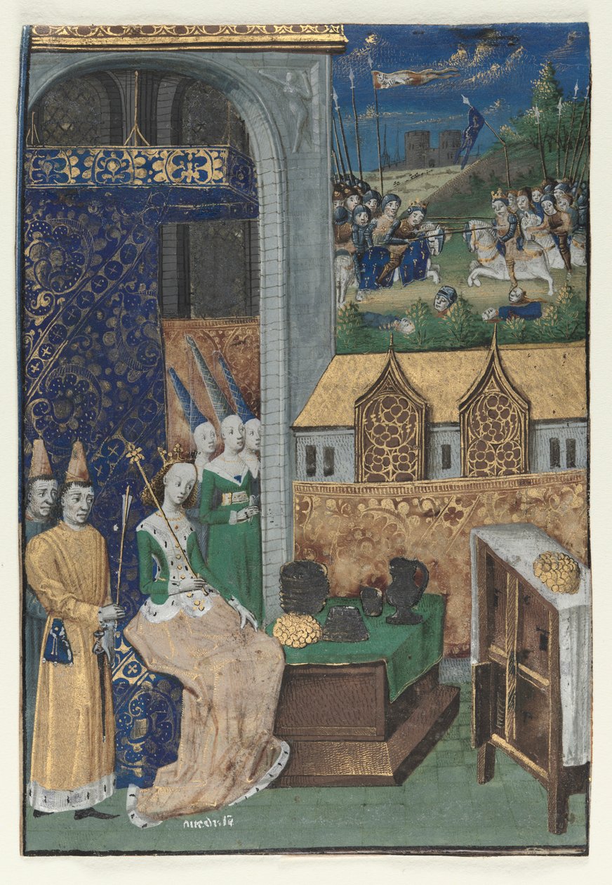 Única miniatura retirada de Des Cleres et nobres femmes de Boccaccio: Rainha Medusa e sua corte de circle of Maître François