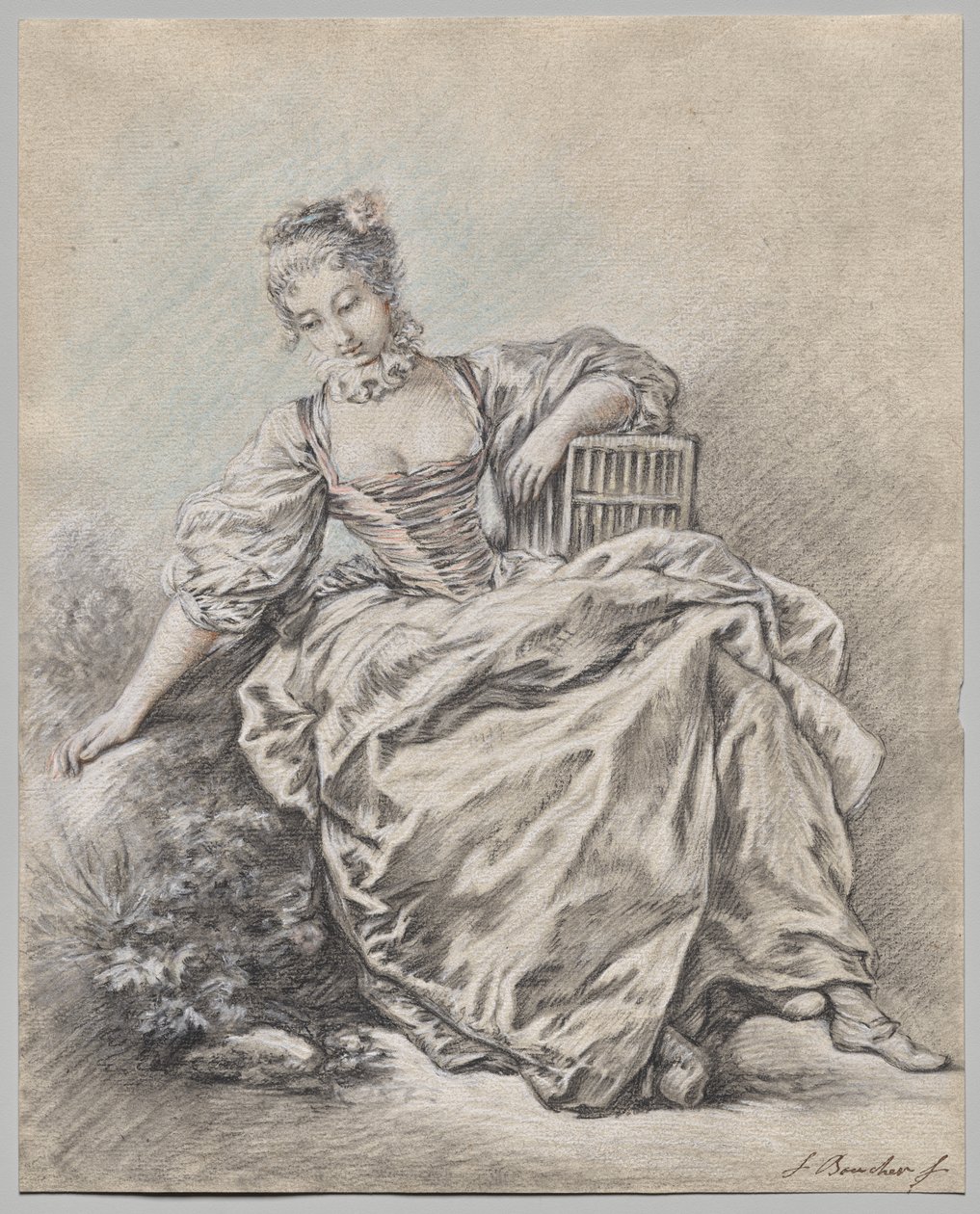 Mulher sentada segurando uma gaiola de pássaro de copy after François Boucher