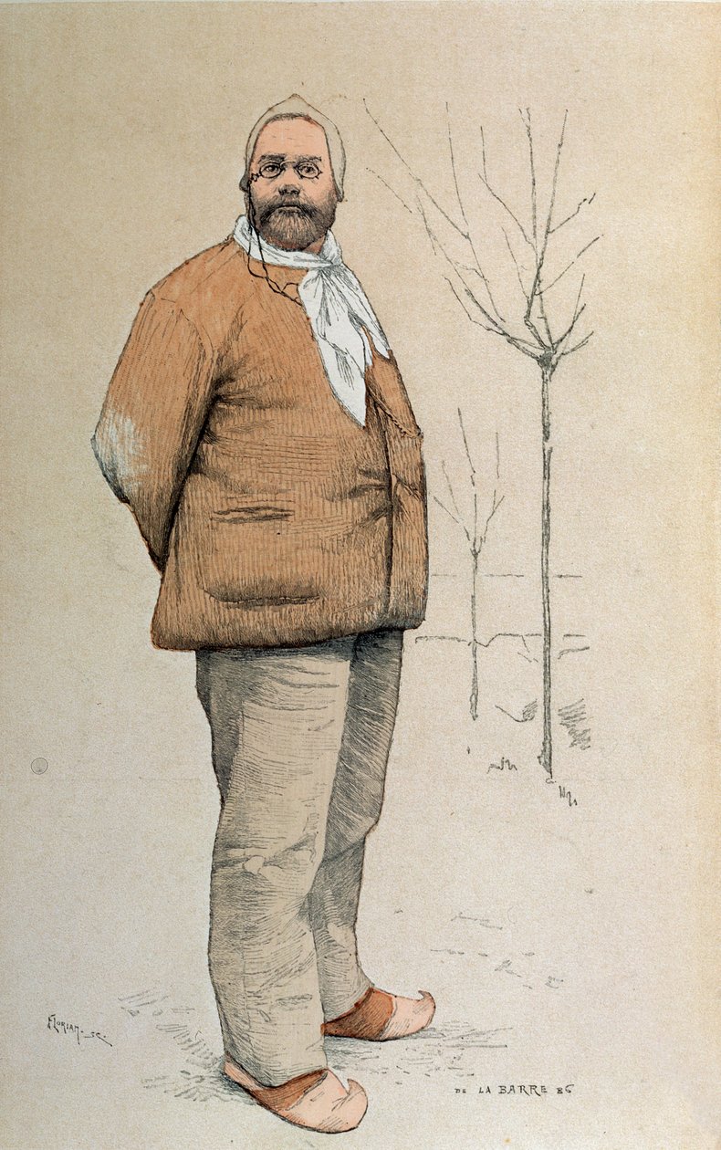 Retrato de Emile Zola (1840-1902) da capa de "La Revue Illustree", gravado por Florian, 15 de fevereiro de 1887 de de La Barre