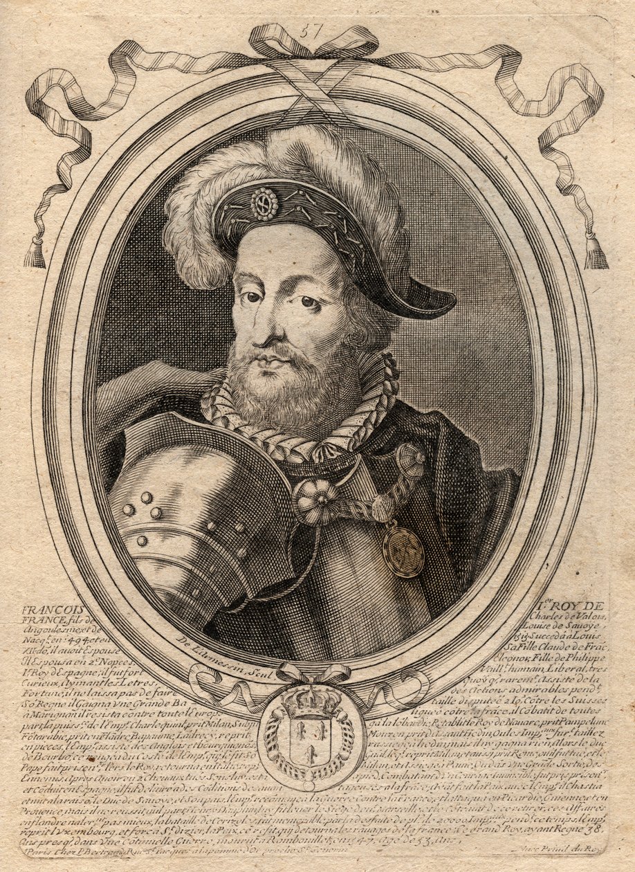 Retrato de Francisco I (1494 - 1547), Rei de França - Francisco I, Rei de França - gravura de "Les Augustes Representations de tous les Kings de France de Pharamond a LouisXIV", Paris de de Larmessin