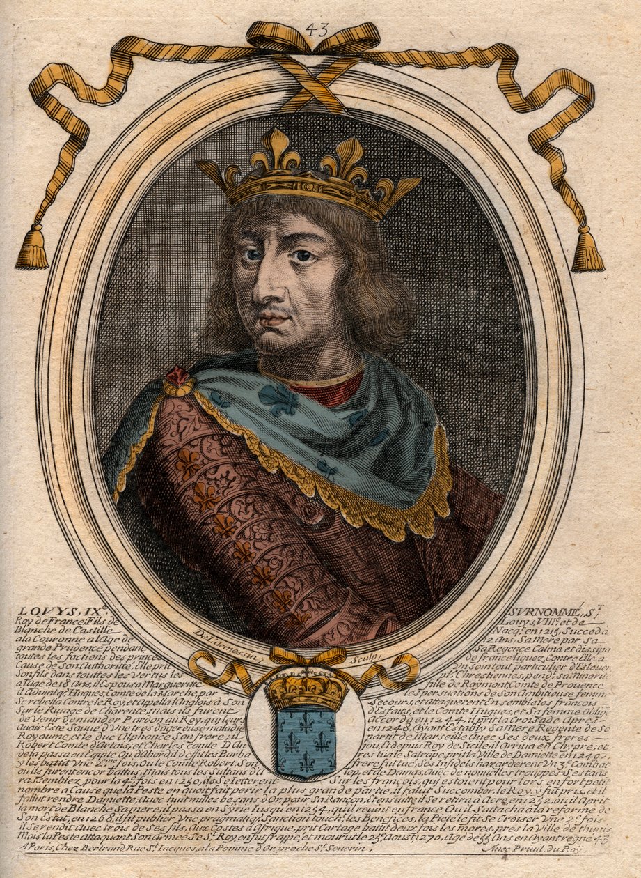 Retrato de Saint Louis (Saint-Louis, Louis IX (1214-1270) - Saint Louis IX (1214-1270) rei da França - gravura de "Les Augustes Representations of all the Kings of France from Pharamond to LouisXIV", Paris de de Larmessin