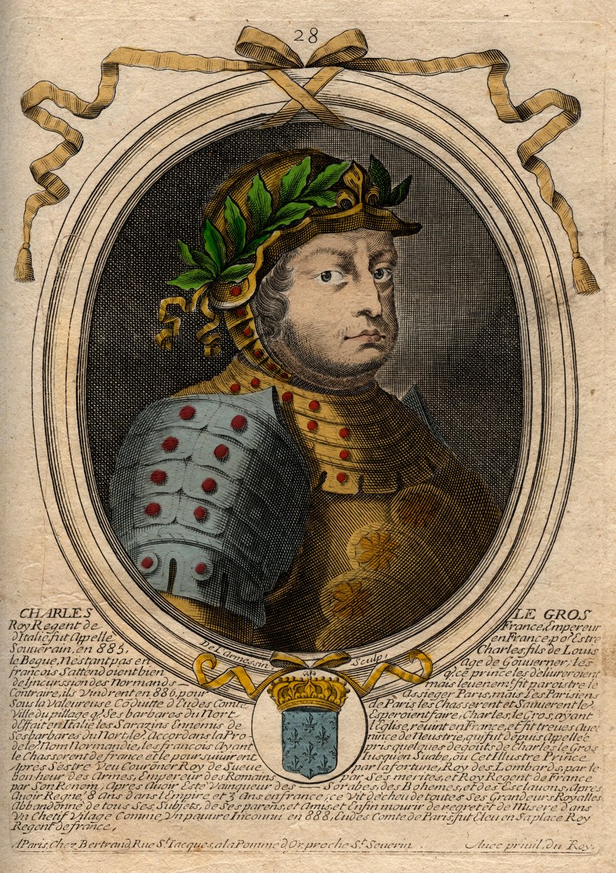 Dinastia Carolíngia: Retrato de Carlos III Le Gros (839-888) Rei dos Francos - Carlos III o Gordo - gravura de 