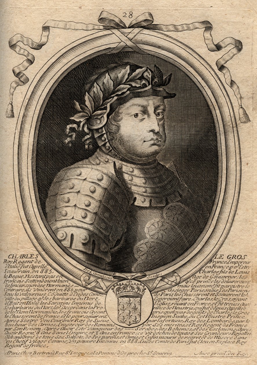 Dinastia Carolíngia: Retrato de Carlos III Le Gros (839-888) Rei dos Francos - Carlos III o Gordo - gravura de 