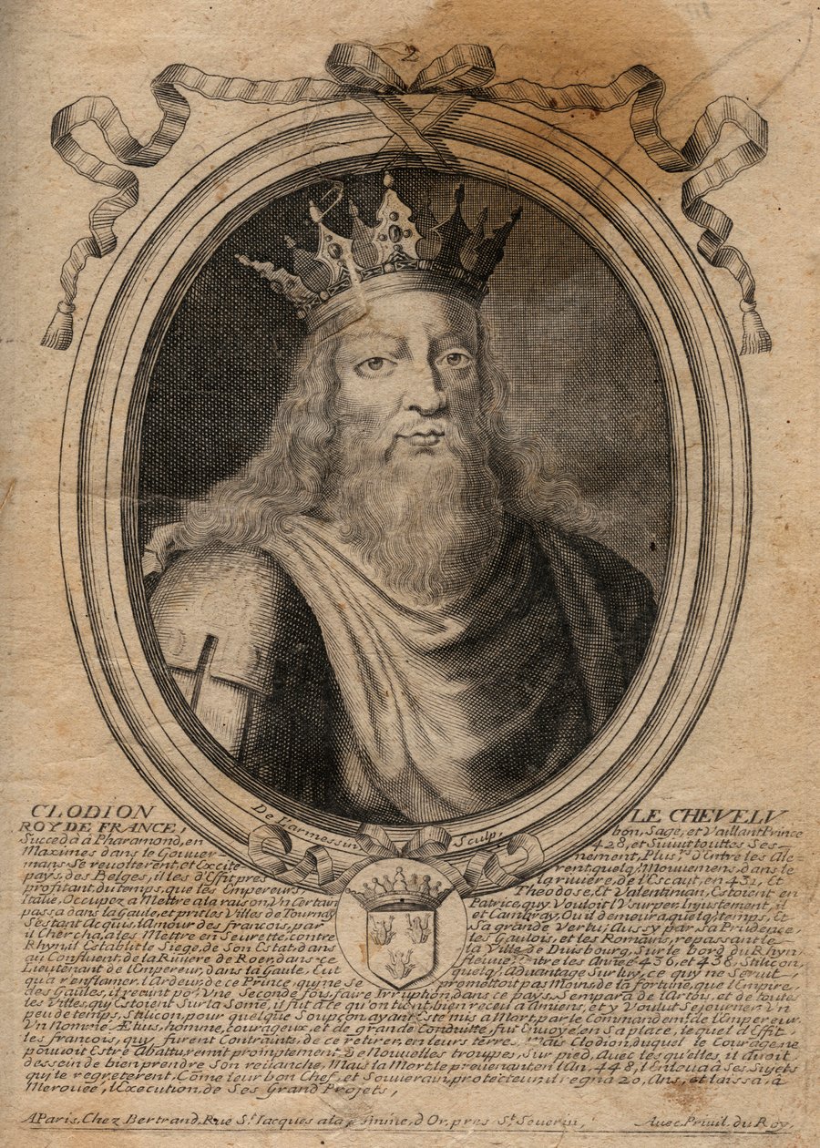 Clodion dit "Le Chevelu" (428-448), antepassado dos Merovingianos, chefe dos Francos Salianos - Clodion The Hairy (c.428-47) Rei de uma Tribo dos Francos Salianos - gravura de "Les Augustes Representations de tous les Kings de France de Pharamond t de de Larmessin