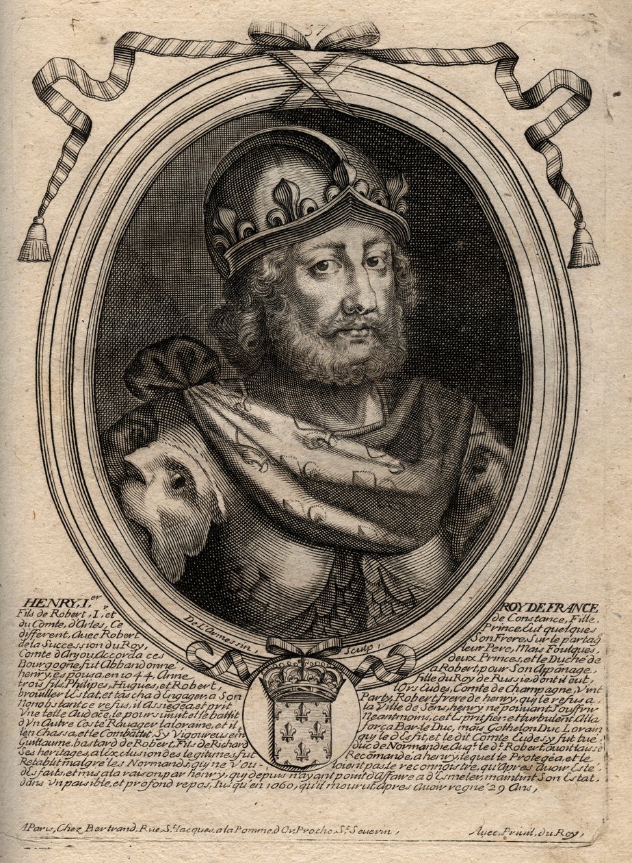 Dinastia dos Capetianos: Retrato de Henrique I (1009-1060), Rei dos Francos de 1031 a 1060 - Henrique I (1009-1060) Rei da França - gravura de "Les Augustes Representations de tous les Kings de France de Pharamond a LouisXIV", Paris de de Larmessin